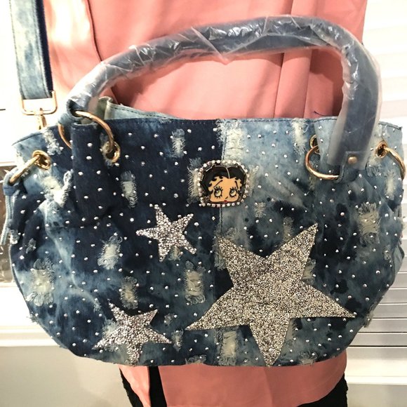 Betty Boop Stars Denim Crossbody Purse - One of a Kind Designer Handmade - Picture 3 of 8